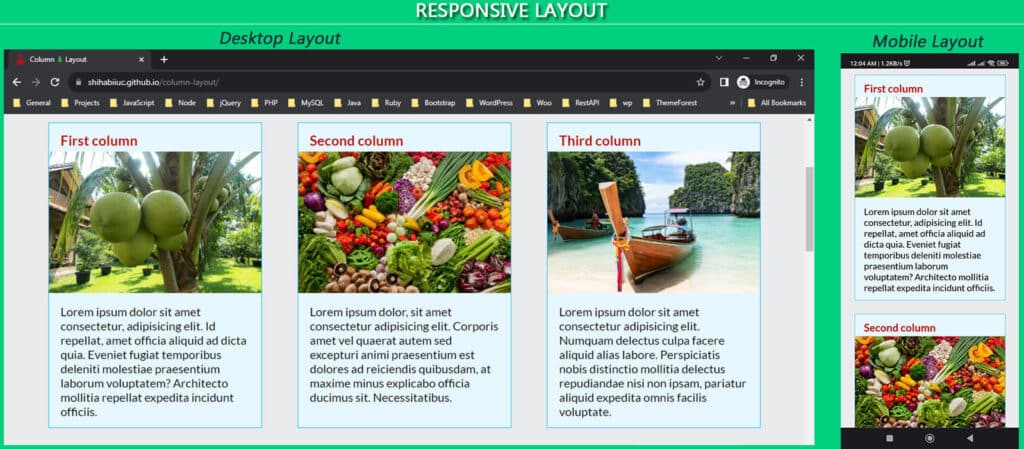 responsive layout examples on desktop and mobile