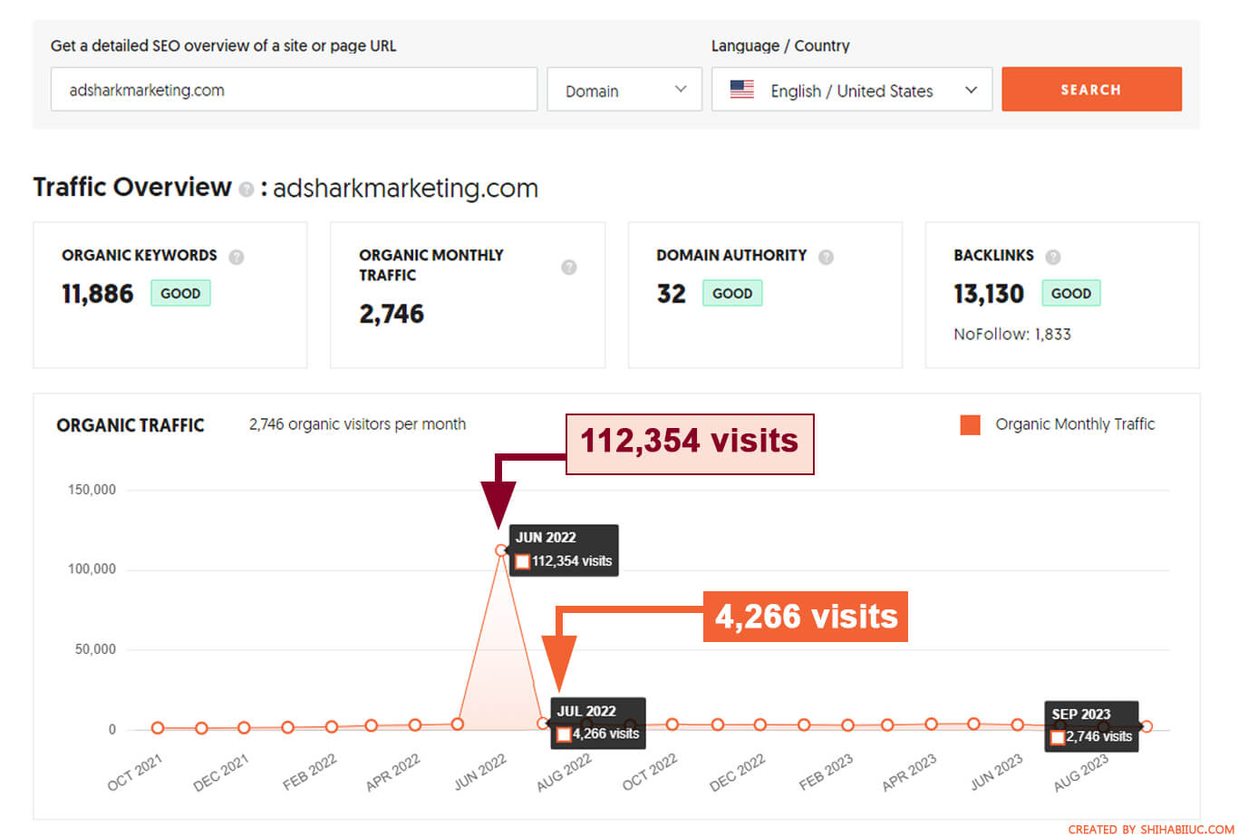 Suspicious backlink profile of a website and its traffic overview
