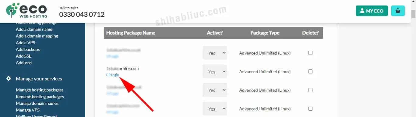 cPanel login option on Eco Web Hosting