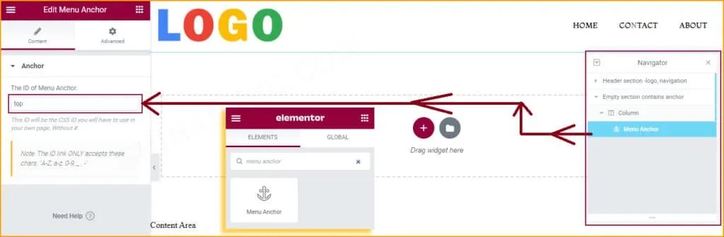 Menu anchor within an Elementor section