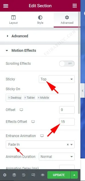 Elementor sticky header settings