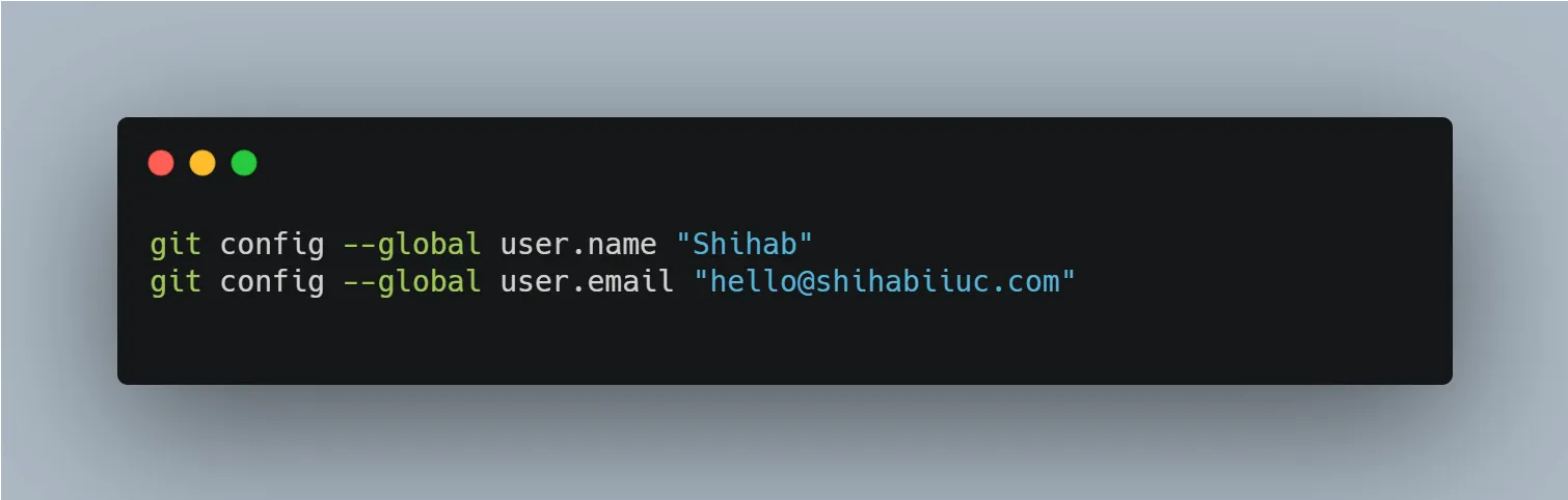 Git commands for setting up global username & email
