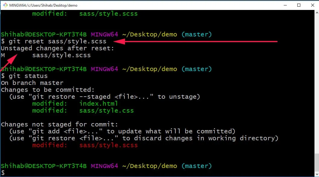 Unstaged a file from staging, remove a file from the staging