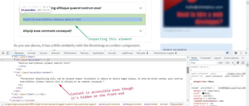 Inspecting an accordion on Chrome