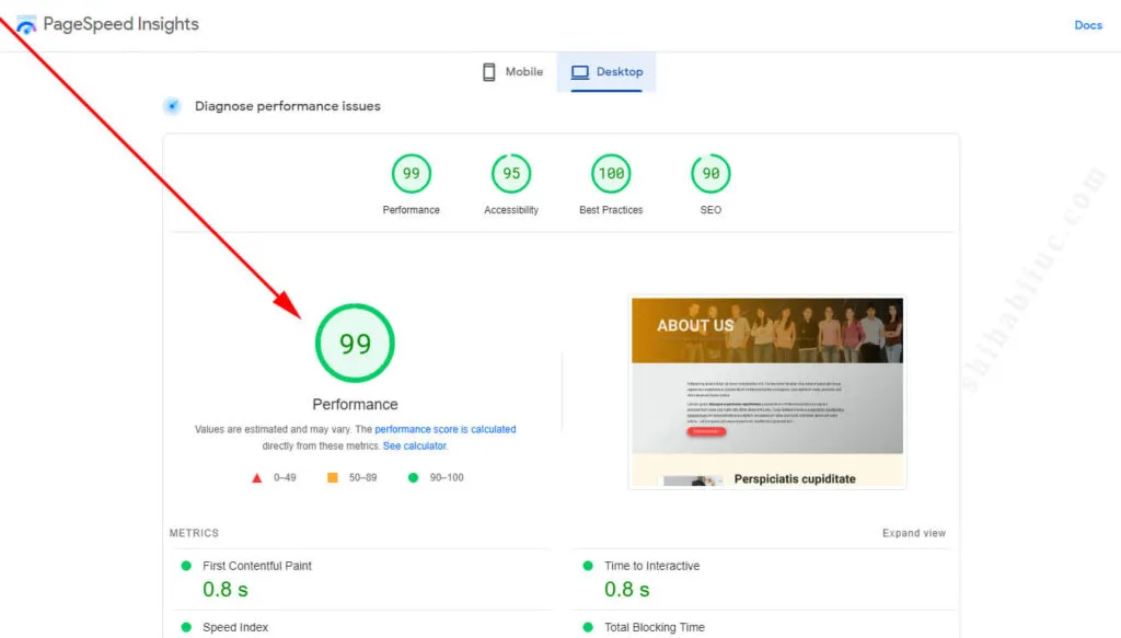 Web page performance report on desktop by PageSpeed Insight