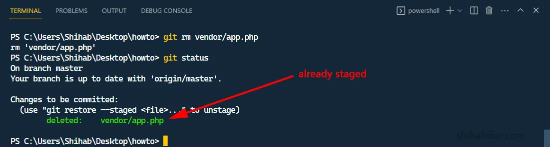 Staged changes automatically after file deletion in Git