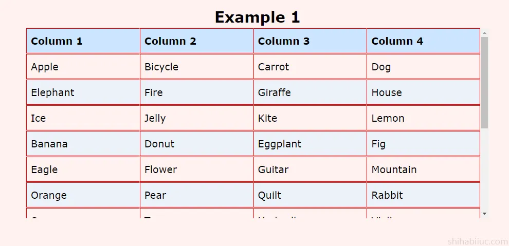 vertically scrollable html table that shows a scrollbar on the right side