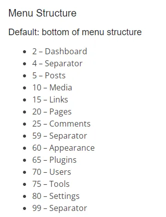 WordPress admin menu position numbers