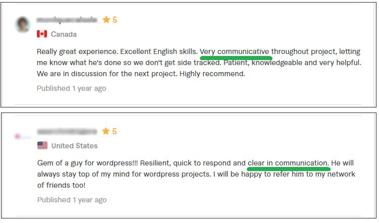 Client feedback about seller’s response rate & communication style