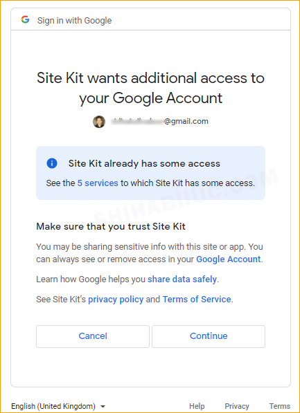 Site Kit asking for additional access to my Google account