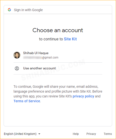 site kit asking to choose a gmail account