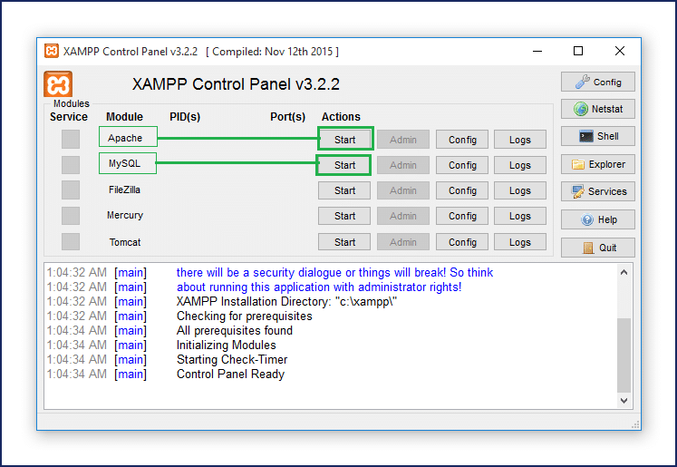 XAMPP control panel