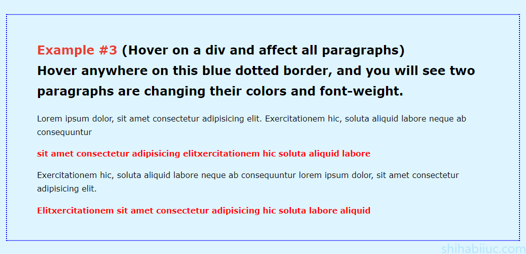 Hover example, hover on a div and affect all paragraphs