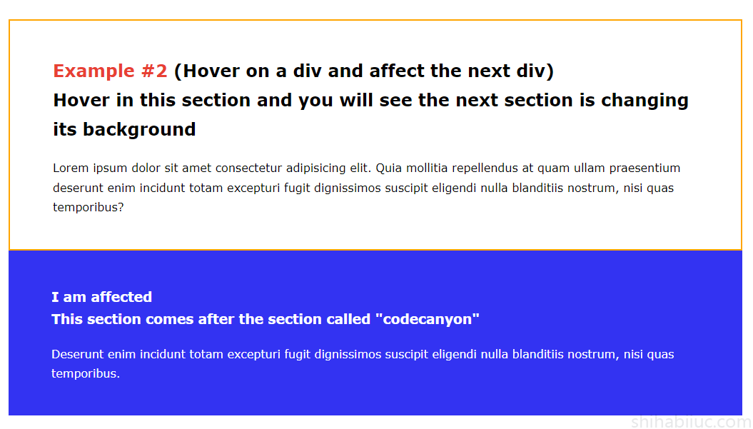 Hover example, hover on a div and affect the next div