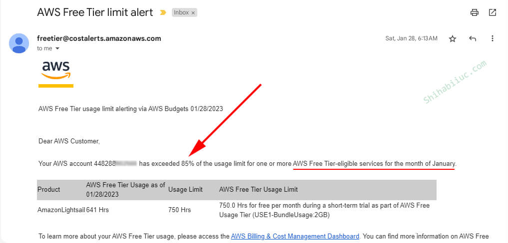 AWS free tier limit alert to my email