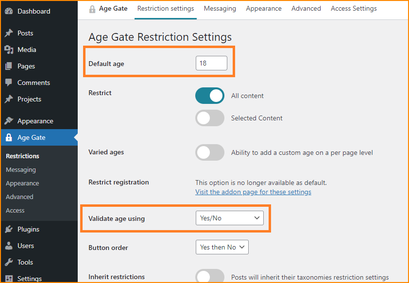 Age gate restrictions settings