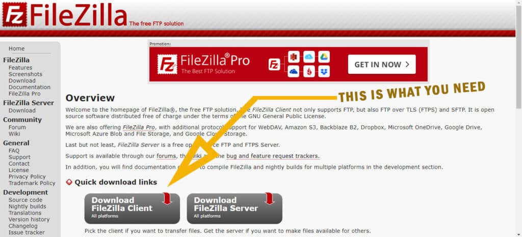 FileZilla client download option