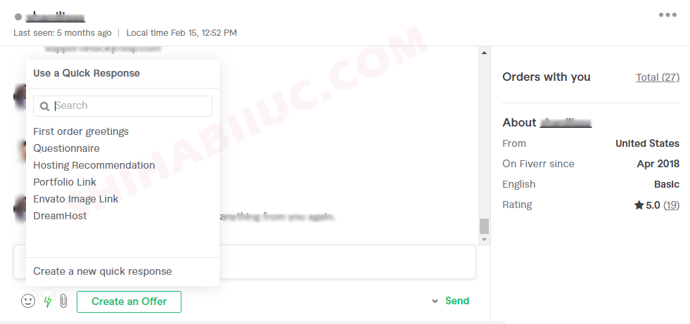 Inbox interface of Fiverr quick response template