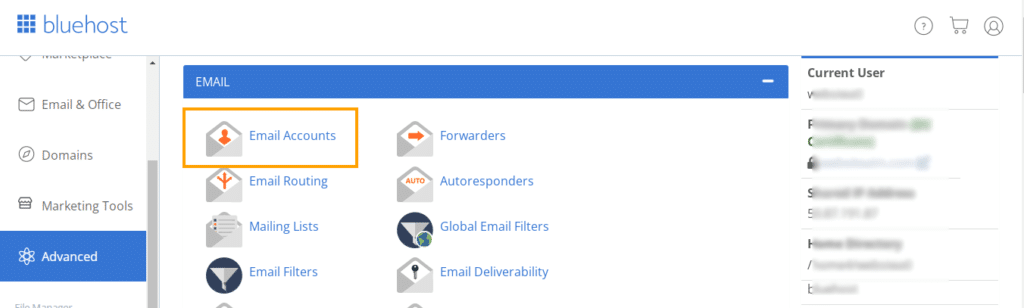 Bluehost dashboard advanced option and email tab