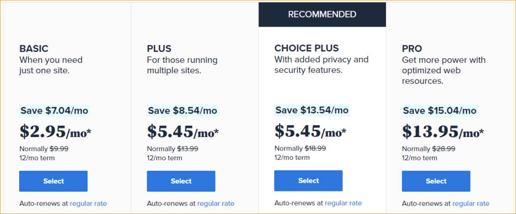 Bluehost shared hosting packages