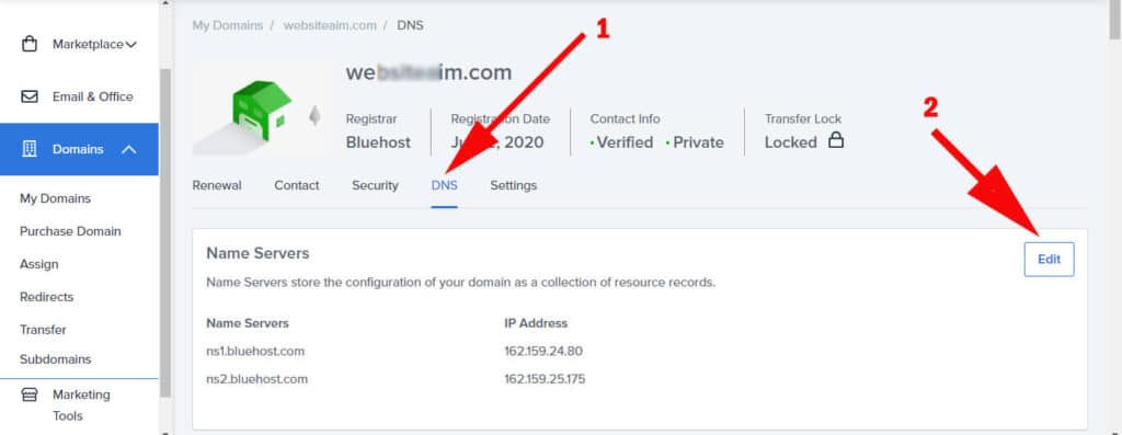 Edit DNS record on Bluehost