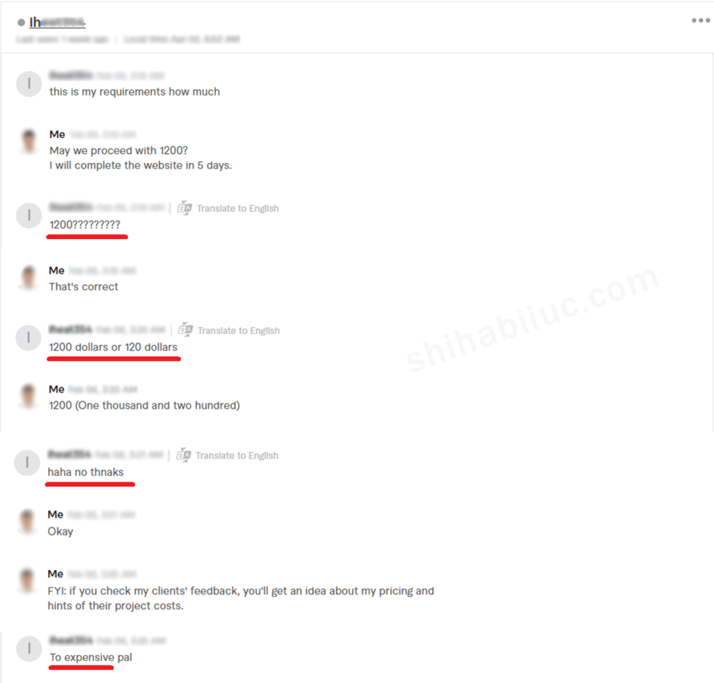 Conversation with a low-budget client on Fiverr