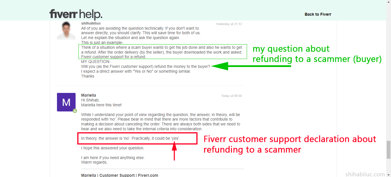 Fiverr customer support declaration about refunding to scam buyers
