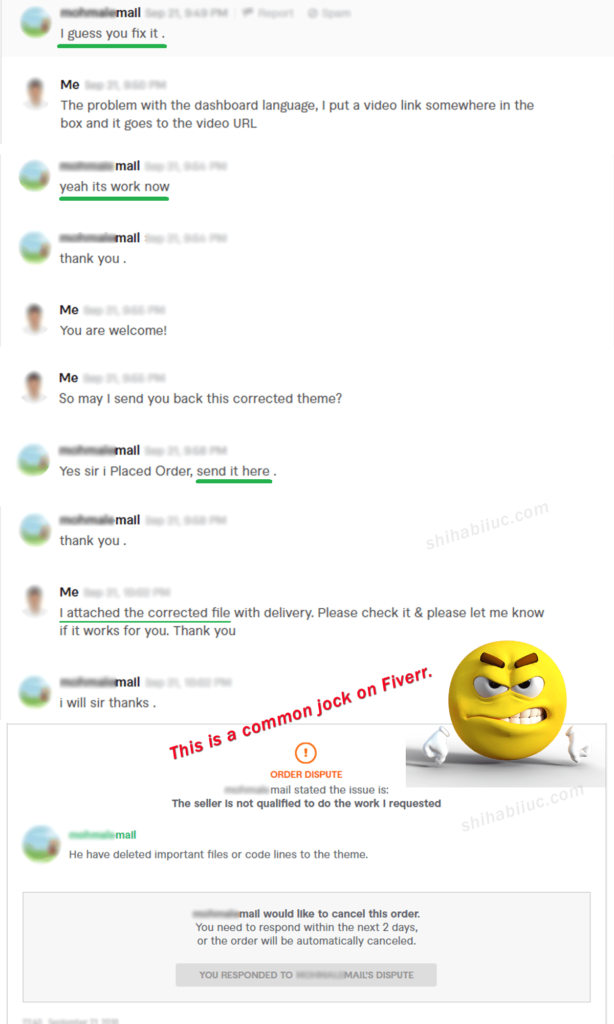 Conversation with fraud buyer on Fiverr and his dispute after getting the job done