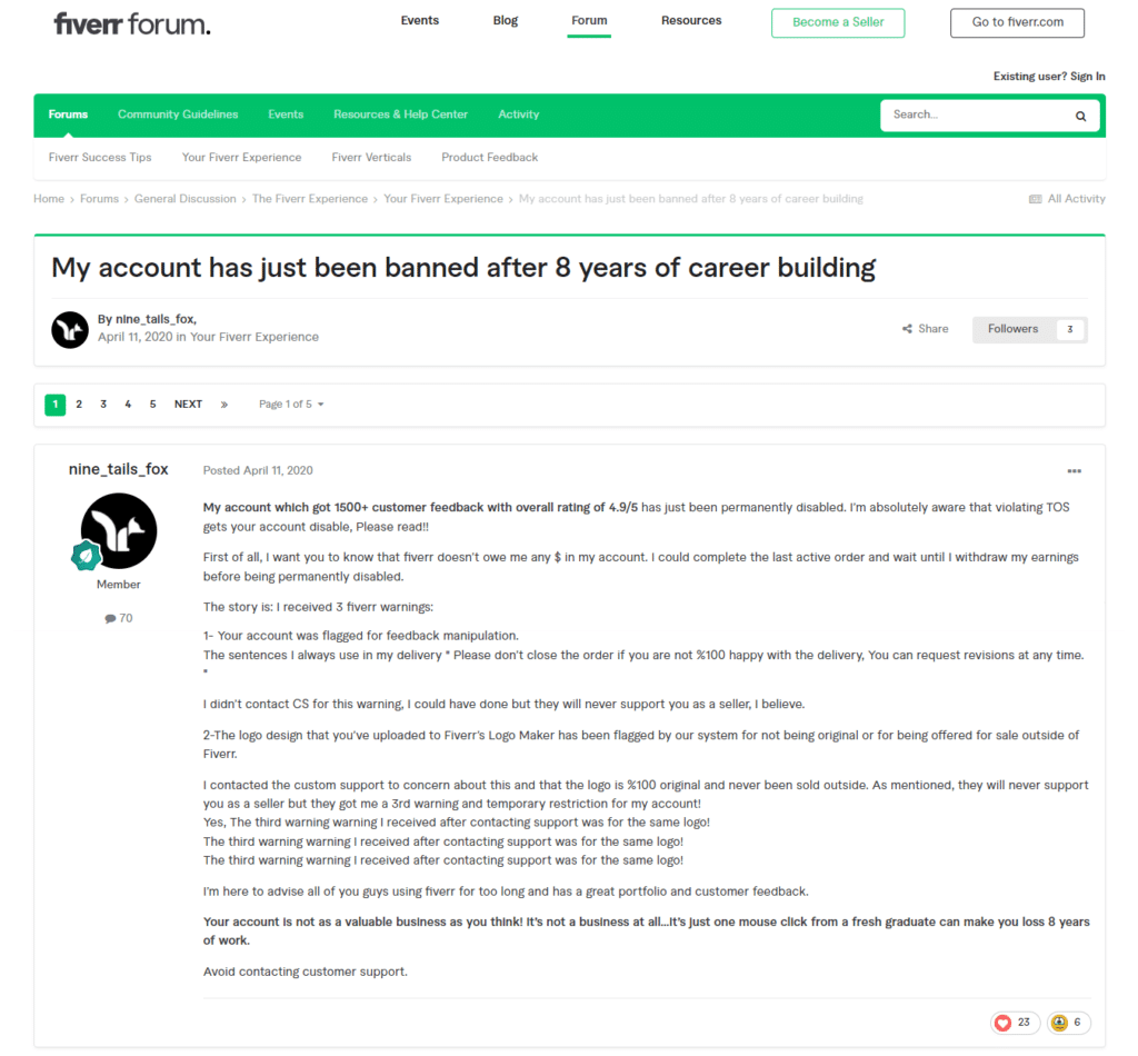 Fiverr top-rated freelancer was banned after 8 years