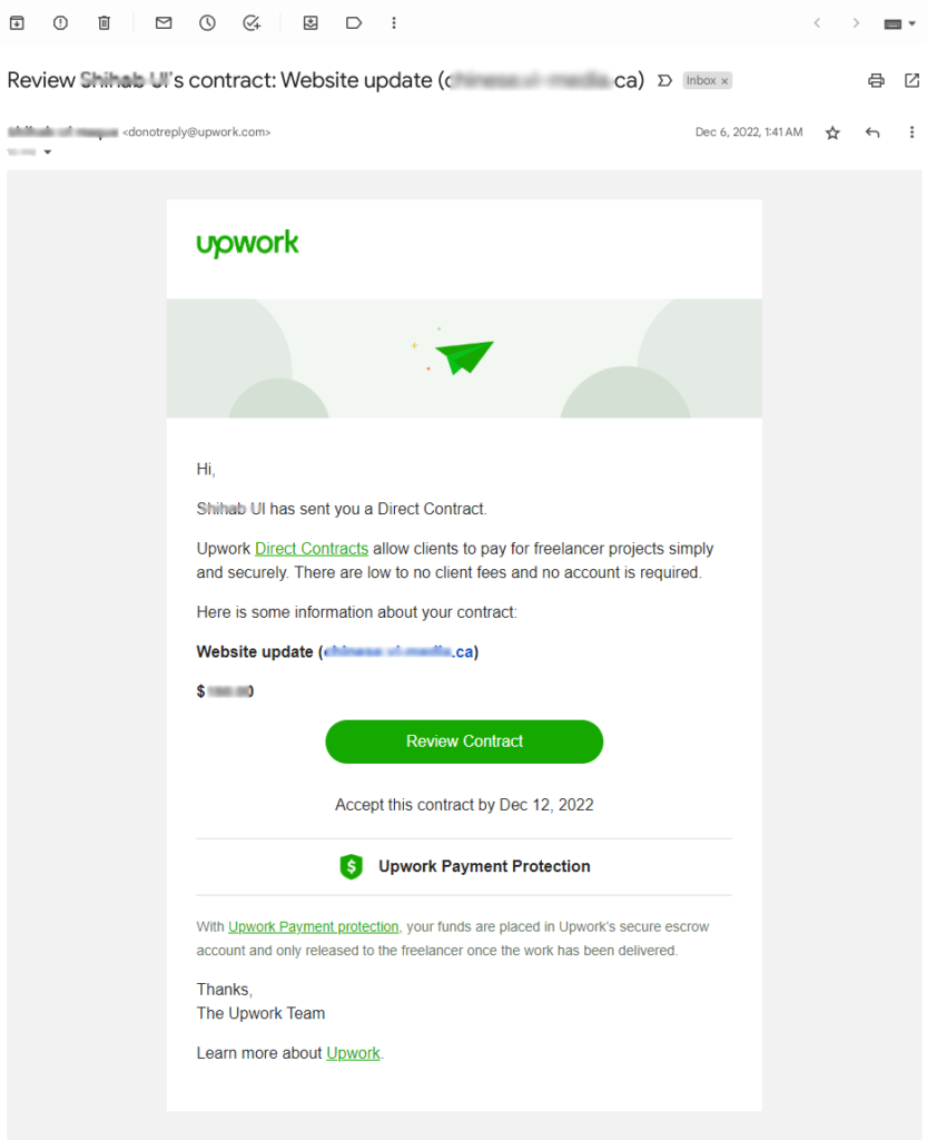 Upwork direct contract email body