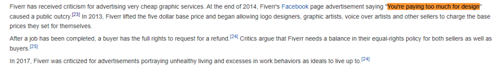 Wikipedia document on Fiverr criticism