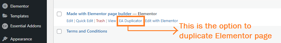 Duplicate Elementor page option by Essential Addons for Elementor