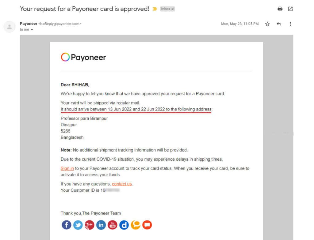 Approval email for Payoneer card
