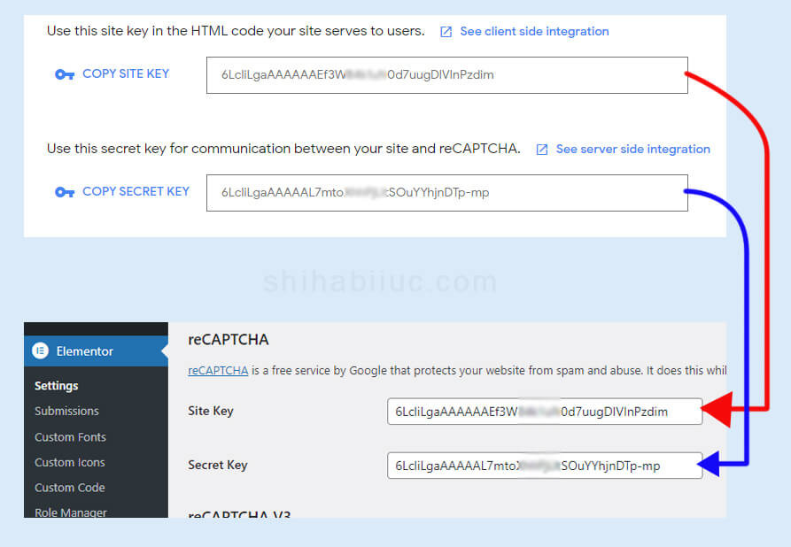 Copy & paste site key and secrete key to Elementor