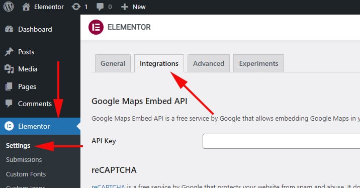 Elementor settings and integration tab