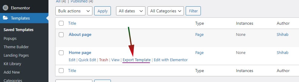 Elementor saved templates exporting options