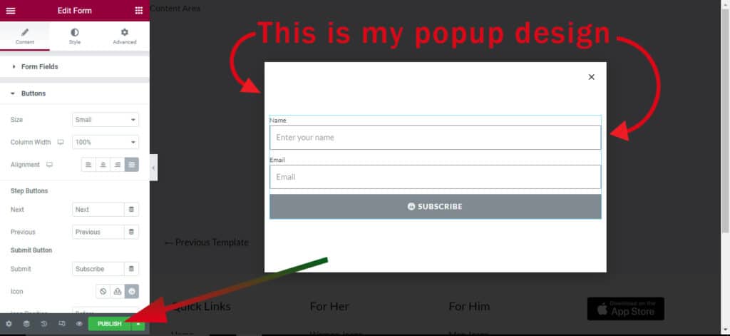 Finish Elementor popup design and hit publish