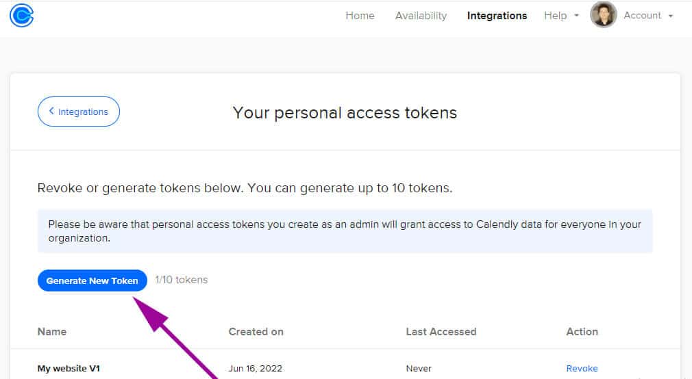 Generate new token on Calendly