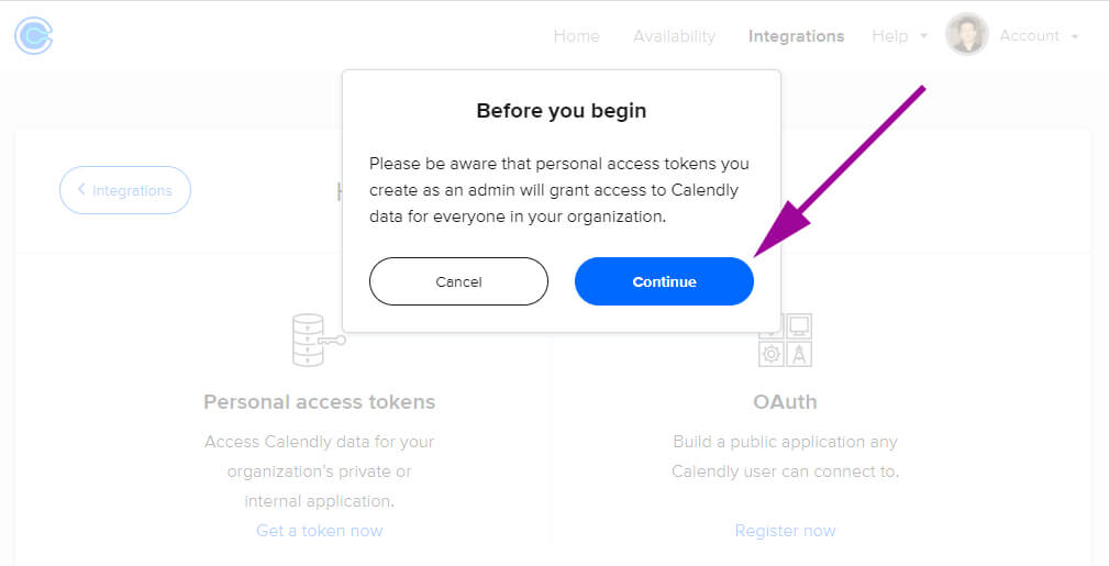 Click "Continue" to grant calendly access data