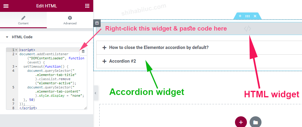 How and where to write the script to close the Elementor accordion by default