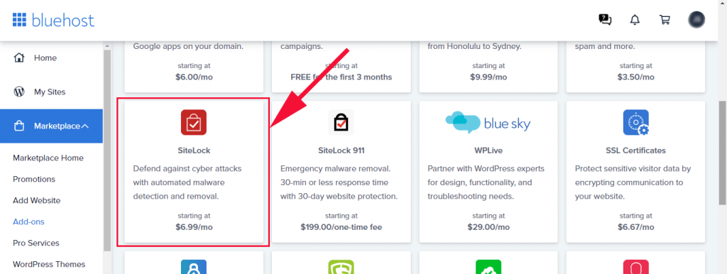 SiteLock add-on on Bluehost marketplace