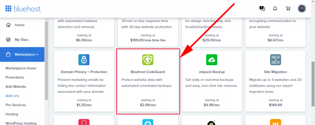 Bluehost Codeguard basic in the marketplace