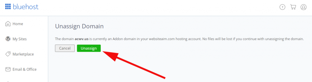 Confirm unassigning domain on Bluehost