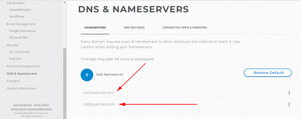 Bluehost Nameservers added to the domain