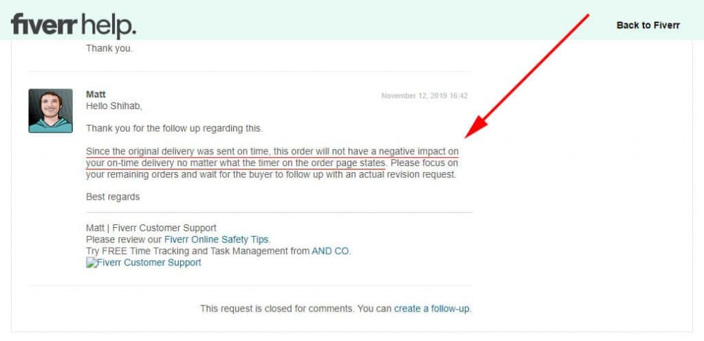 Fiverr customer support answer if the revisions counted as late delivery