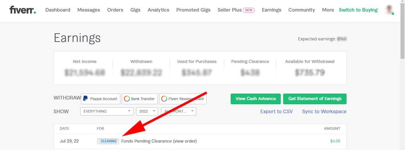 Fiverr earnings and clearing periods