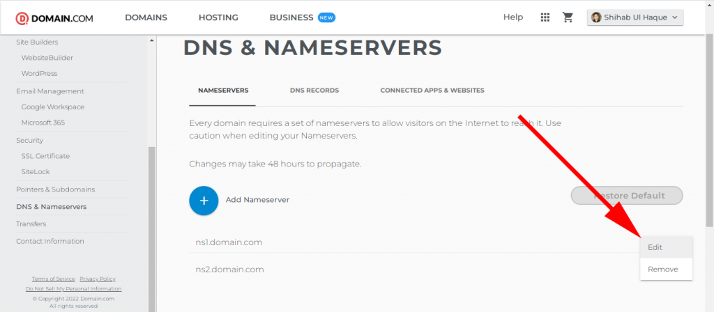 Nameserver editing option on Domain.com