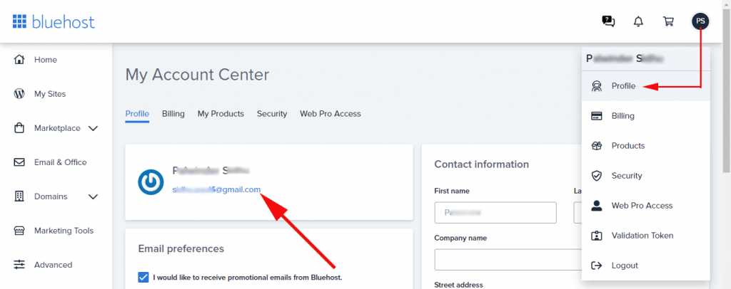 Find the registered email address on your Bluehost account