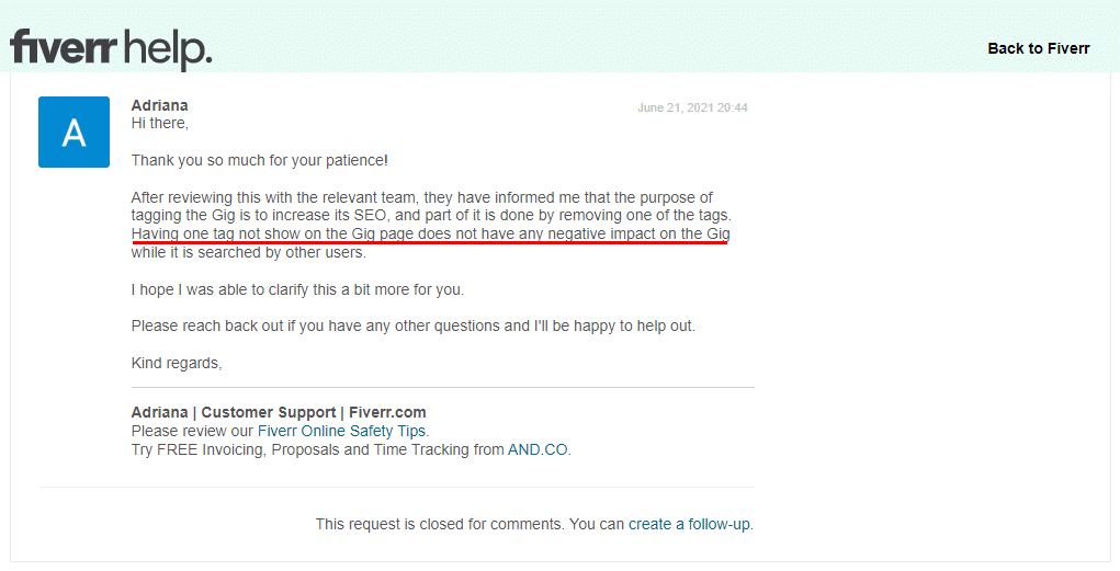 Fiverr customer support message about missing tag