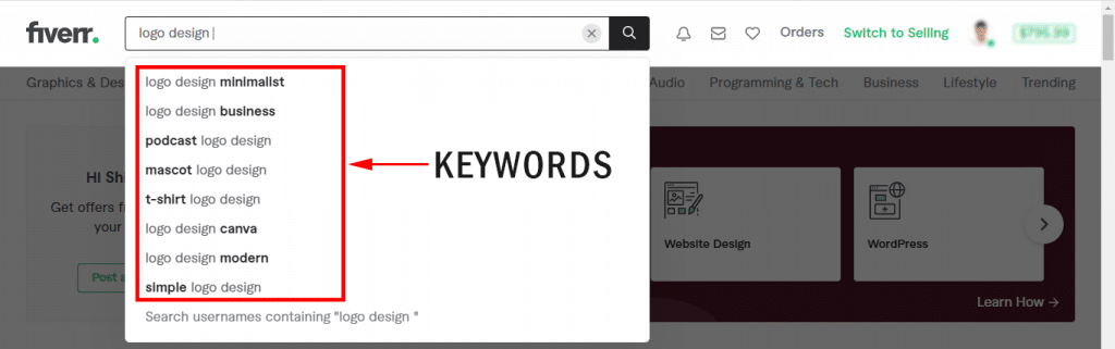 Fiverr search bar and keywords